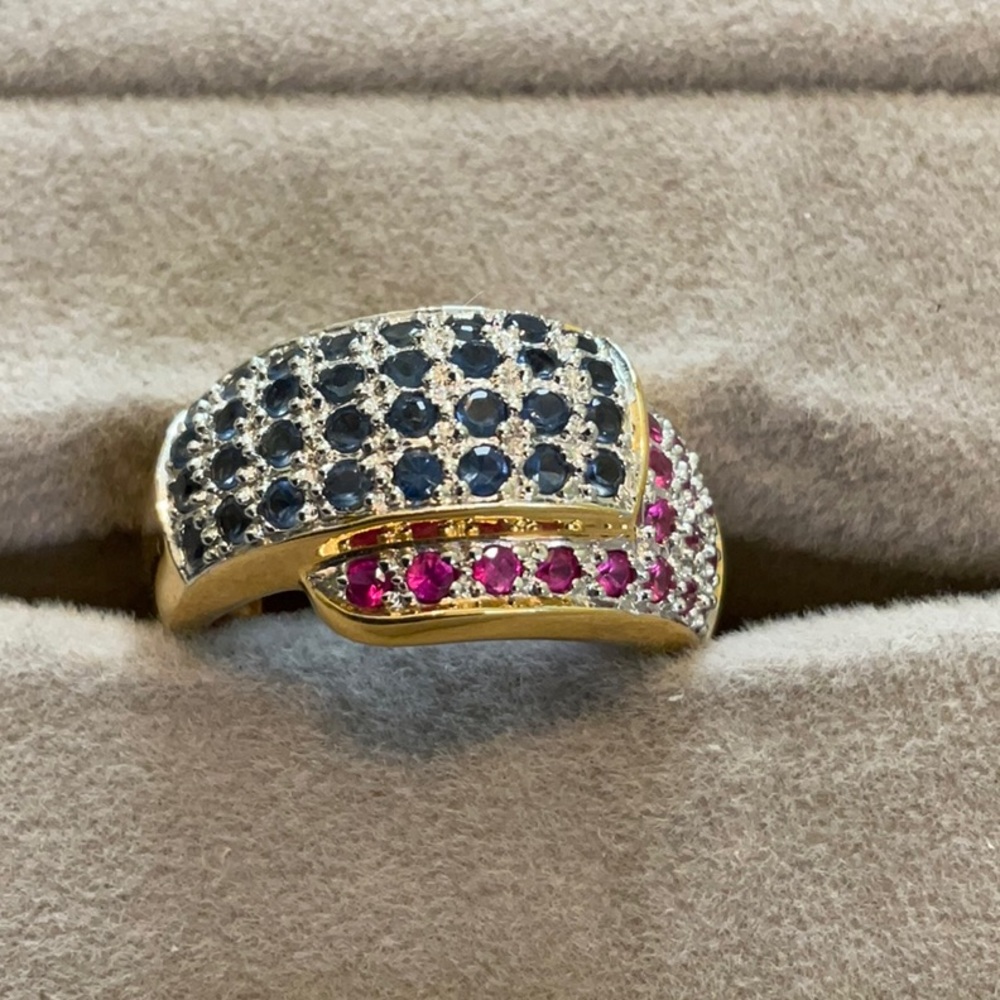 Gold plated sterling silver blue and pink stone statement ring